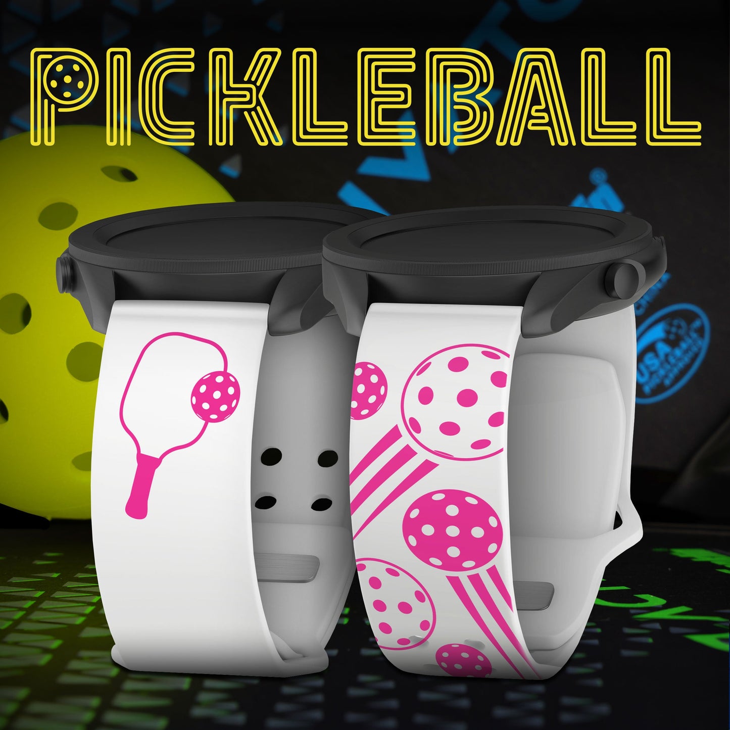 Pickleball Brights HD Watchband for Samsung, Garmin, Fossil, and More