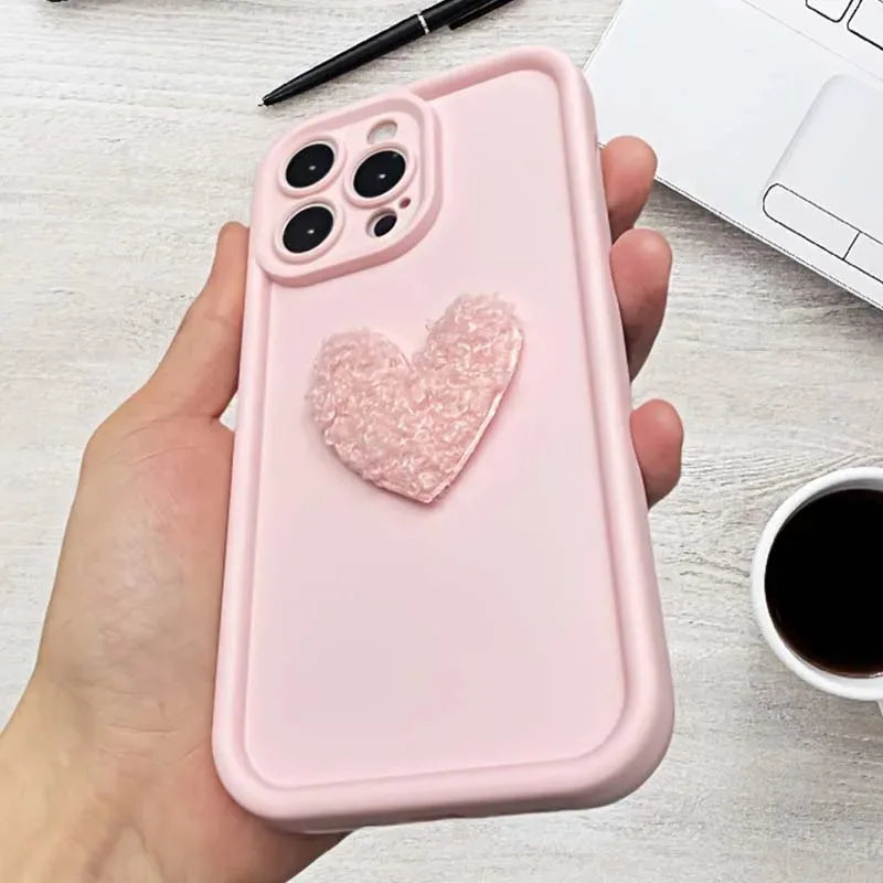Cute 3D White Plush Love Heart Silicone Phone Case