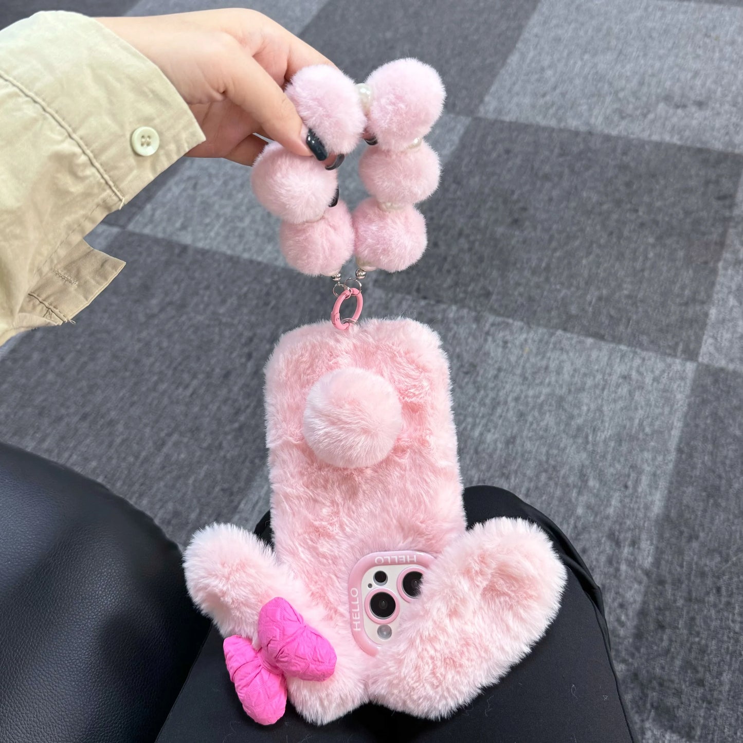 3D Pink Bow Long Ear Bunny Cartoon Cute Phone