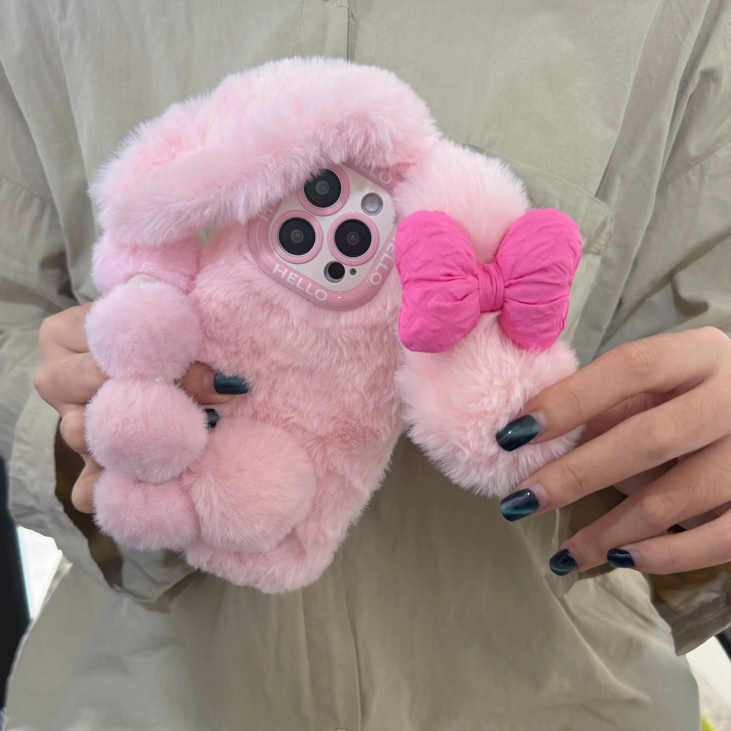 3D Pink Bow Long Ear Bunny Cartoon Cute Phone