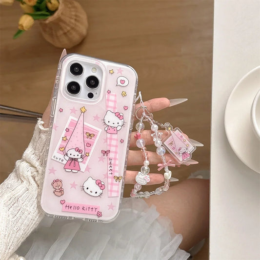New 2025 Cartoon Cute Girlish Pink Checkered Kitty Long Hat Phone Case