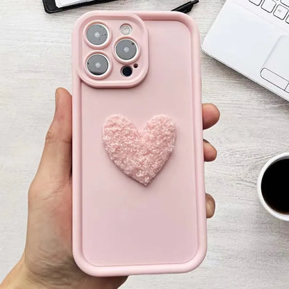 Cute 3D White Plush Love Heart Silicone Phone Case