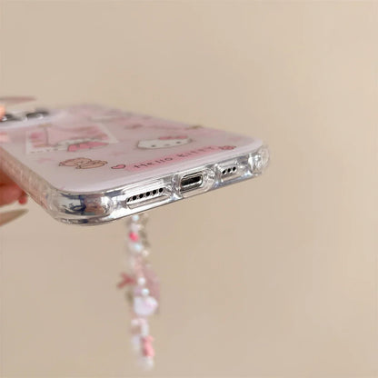 New 2025 Cartoon Cute Girlish Pink Checkered Kitty Long Hat Phone Case