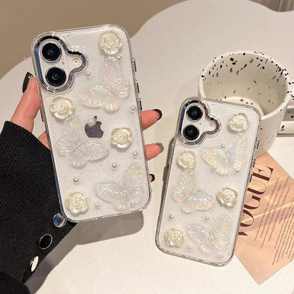 Pearl White Rose 3D Butterfly Clear Phone Case