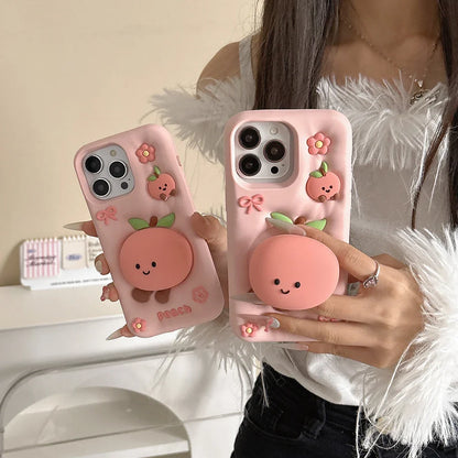 Kawaii Summer Fruit Floral Peach Bracket Soft Silicone Phone Case