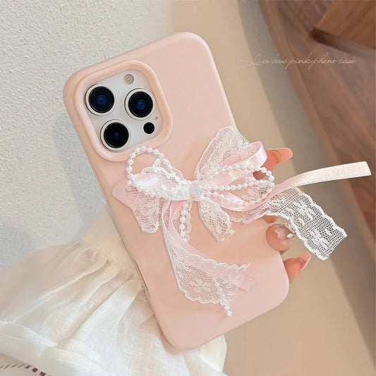 Cute 3D Pearl Lace Silk Ribbon Bow Phone Case