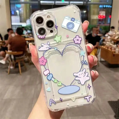 Cartoon Rabbit Bear Card Holder Slot Bag Clear Phone Case